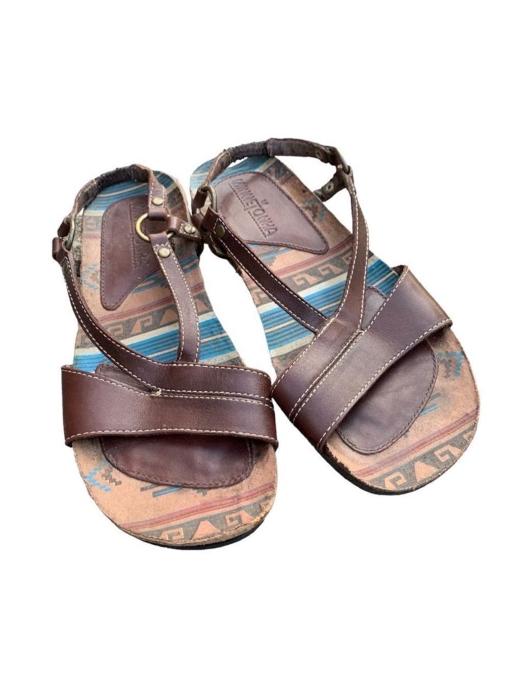 Minnetonka Strappy Aztec Print Brown Leather Comfort Sandals Women’s size 7